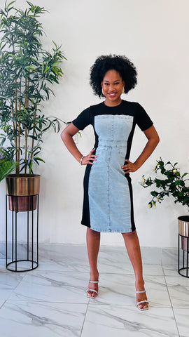 KAORI DENIM MIX MIDI DRESS