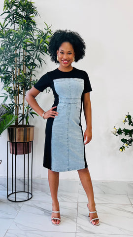 KAORI DENIM MIX MIDI DRESS