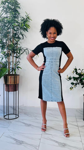 KAORI DENIM MIX MIDI DRESS