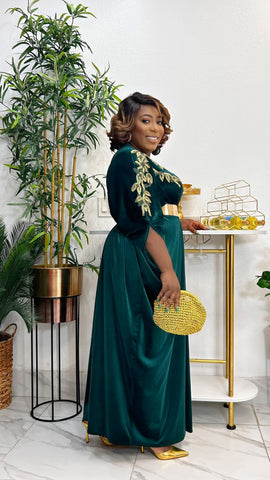 LAVINIA EXCLUSIVE GOLD EMBELLISHED VELVET KAFTAN DRESS (Green)