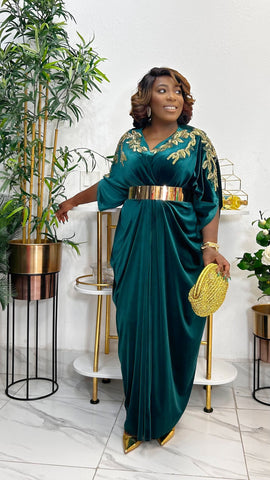 LAVINIA EXCLUSIVE GOLD EMBELLISHED VELVET KAFTAN DRESS (Green)