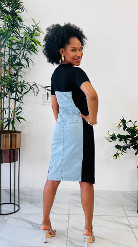 KAORI DENIM MIX MIDI DRESS