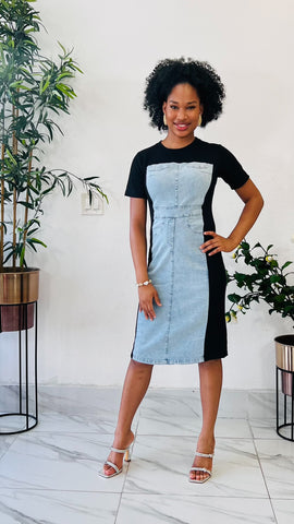 KAORI DENIM MIX MIDI DRESS