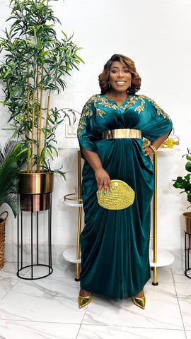 LAVINIA EXCLUSIVE GOLD EMBELLISHED VELVET KAFTAN DRESS (Green)