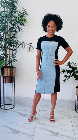 KAORI DENIM MIX MIDI DRESS