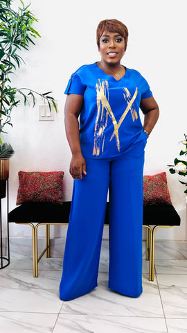 ÀINE GOLD GRAPHIC DETAILS WIDE LEG 2 PC SET (Blue)