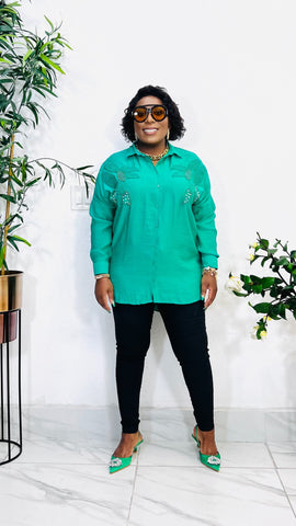 GINEVRA EMBROIDERY LINEN SHIRT TOP (Green)