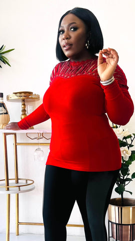 AURELIA LASER STONED DETAIL LONG SLEEVE TOP (Red)