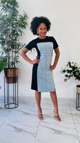 KAORI DENIM MIX MIDI DRESS