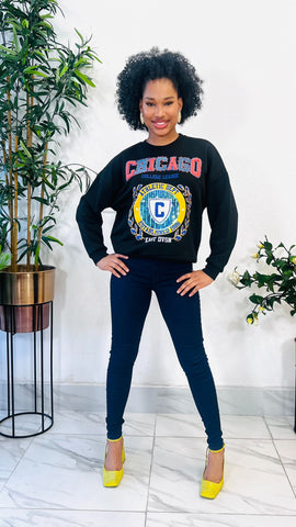 Chicago State Sequin Denim Detail Sweatshirt (Black)